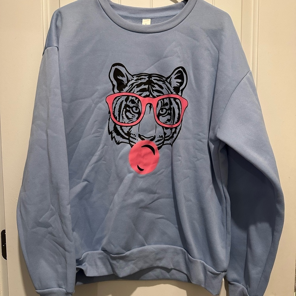 Blue Sweatshirt with Tiger and Pink Glasses